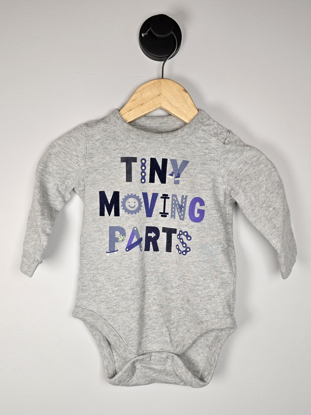 GAP Gray Long-Sleeve Baby One-Piece with Navy & Purple Lettering